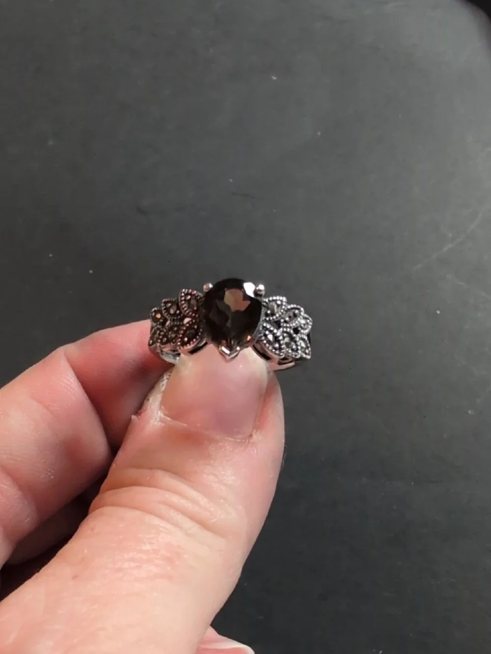 Sterling Silver Marcasite And Smoky Quartz Size 8 Ring